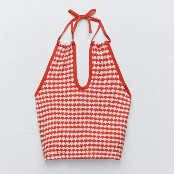 ZARA crochet halter tie crop top! Sleeveless red and white - Picture 2 of 11